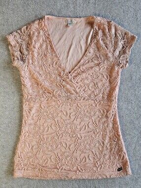 Guess Women's XS Lace Overlay V-Neck Top - Blush Pink